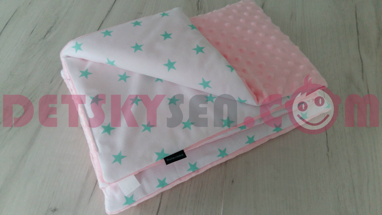 Komplet deka s polštářkem minky hvězdičky mátovo růžové